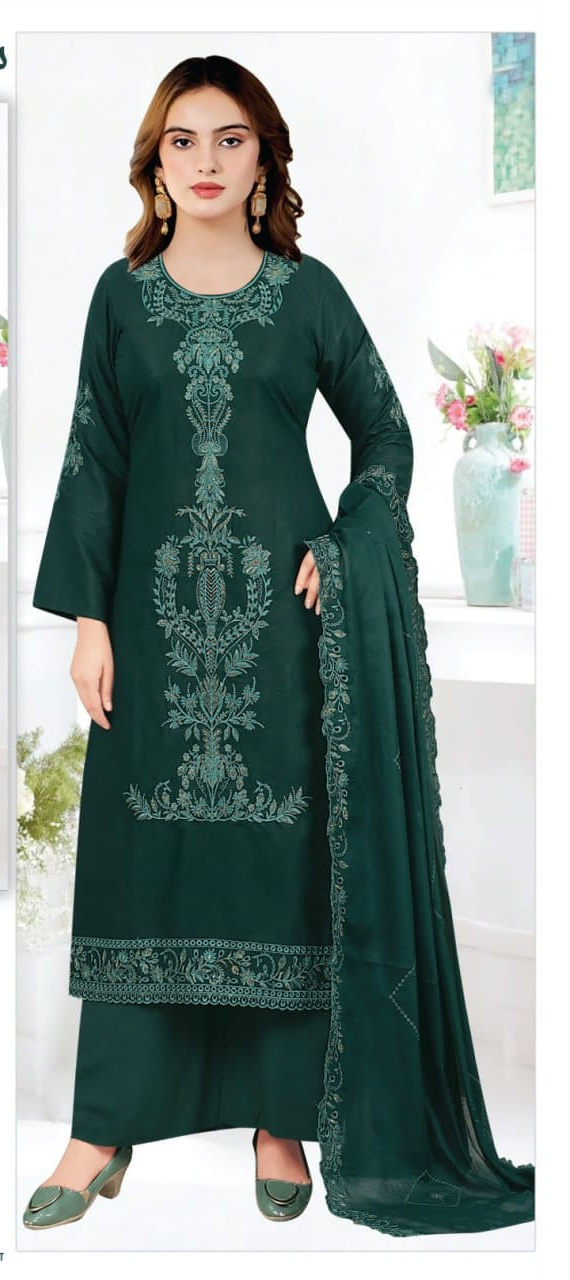Shururitobutik Elegant Bottle Green Embroidered 3-Piece Suit (Design No. 7107)